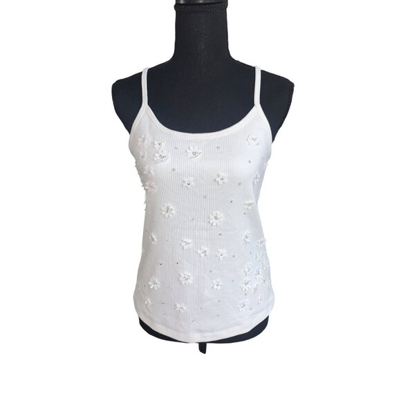 A New Day Womens White Floral Embellished Ribbed Tank Top With Spaghetti Straps - Picture 2 of 15